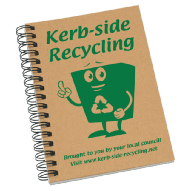 Aspiral-bound A5 notebook with a brown cover featuring a green recycling character and a logo. Aspiral-bound A5 notebook with a brown cover featuring a green recycling character and a logo.