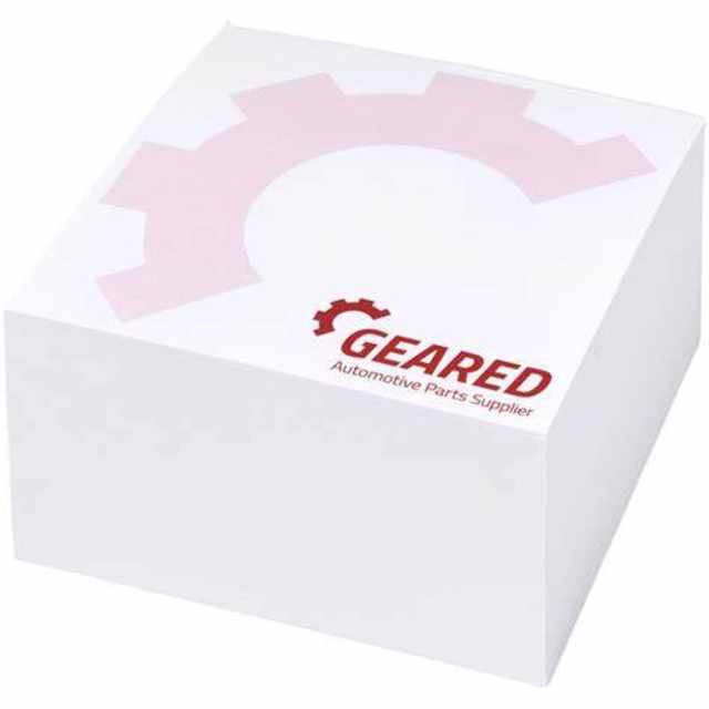 A white notepad block with a pink gear design and a logo, ideal for office use. A white notepad block with a pink gear design and a logo, ideal for office use.