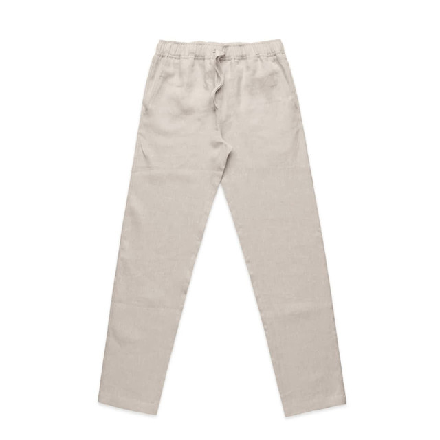 Linen pants in a light beige shade with an elastic waistband. The design features no pockets.