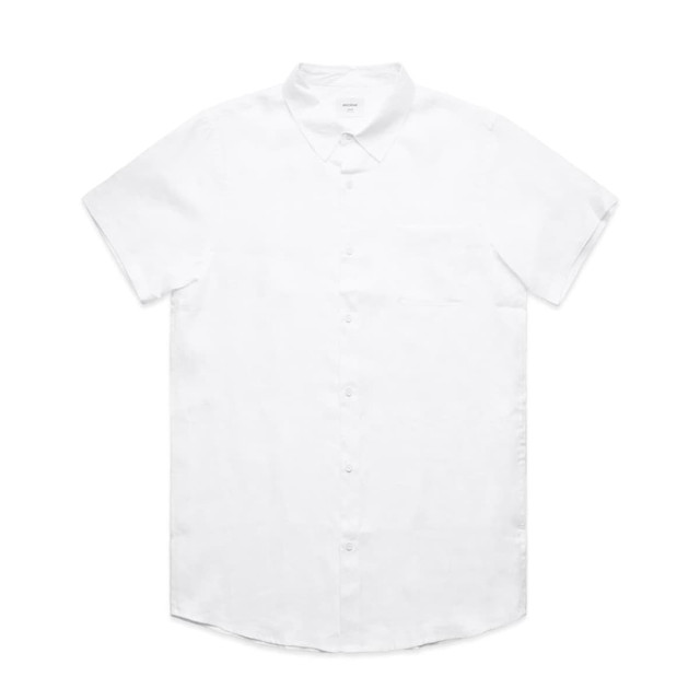 A white short sleeve button-up shirt featuring a pocket and a logo.