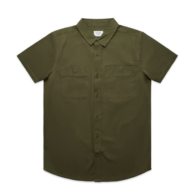 An olive green short-sleeve shirt featuring two chest pockets and a collar, with a logo on the tag. An olive green short-sleeve shirt featuring two chest pockets and a collar, with a logo on the tag.
