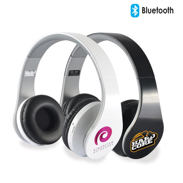 Bluetooth headphones in black and white, featuring logos, placed side by side in an EVA zipper case. Bluetooth headphones in black and white, featuring logos, placed side by side in an EVA zipper case.