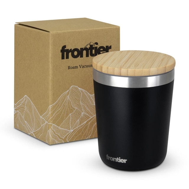 A drink bottle with a black stainless steel body and a bamboo lid, packaged in a cardboard box featuring a logo. A drink bottle with a black stainless steel body and a bamboo lid, packaged in a cardboard box featuring a logo.