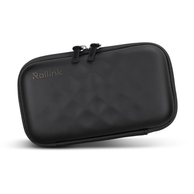 A black zippered travel pouch with a textured surface, featuring a logo on the front. A black zippered travel pouch with a textured surface, featuring a logo on the front.
