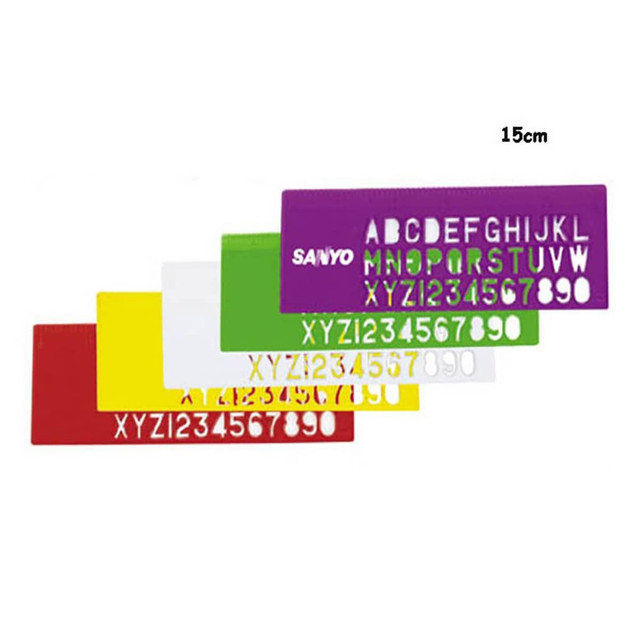 A set of five colourful plastic rulers in red, yellow, green, white, and purple, each displaying letters and numbers. A set of five colourful plastic rulers in red, yellow, green, white, and purple, each displaying letters and numbers.