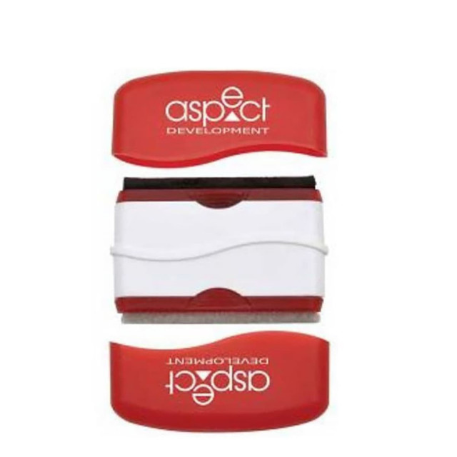 A red and white computer brush featuring a logo on the upper section and a black bristle section below.