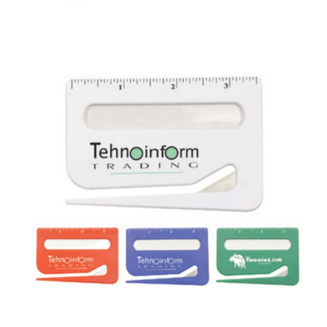 A set of rulers in red, blue, and green, featuring a letter opener and a magnifying glass, with branding on some. A set of rulers in red, blue, and green, featuring a letter opener and a magnifying glass, with branding on some.