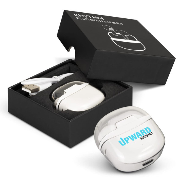 A pair of white Rhythm Bluetooth earbuds in a black box, accompanied by a USB charging cable. A pair of white Rhythm Bluetooth earbuds in a black box, accompanied by a USB charging cable.