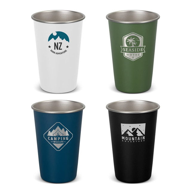 A collection of four plastic tumblers in white, green, blue, and black, each featuring distinct logos and designs. A collection of four plastic tumblers in white, green, blue, and black, each featuring distinct logos and designs.