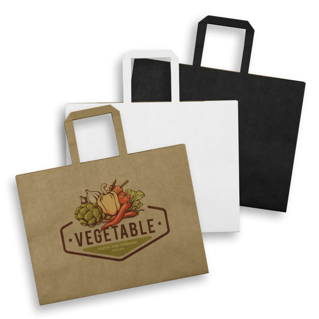 Large flat handle paper bags in black, white, and brown, featuring a vegetable graphic on the brown bag. Large flat handle paper bags in black, white, and brown, featuring a vegetable graphic on the brown bag.