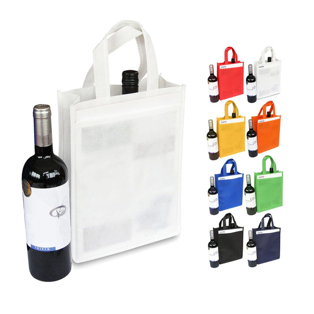 A drink bottle bag made of non-woven material, featuring various colours and a logo, alongside a wine bottle.