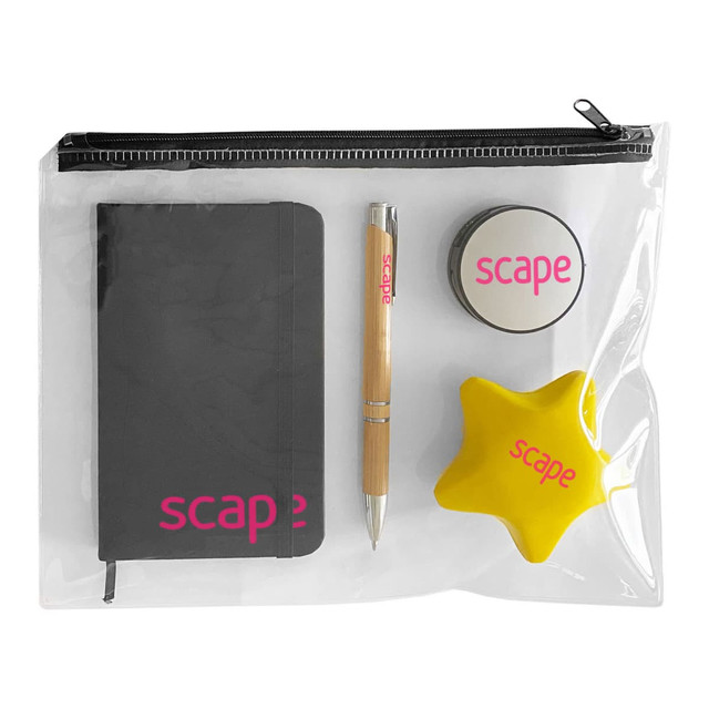 A clear pouch containing a black notebook, a yellow star stress ball, a pen, and a small container, all featuring a logo.