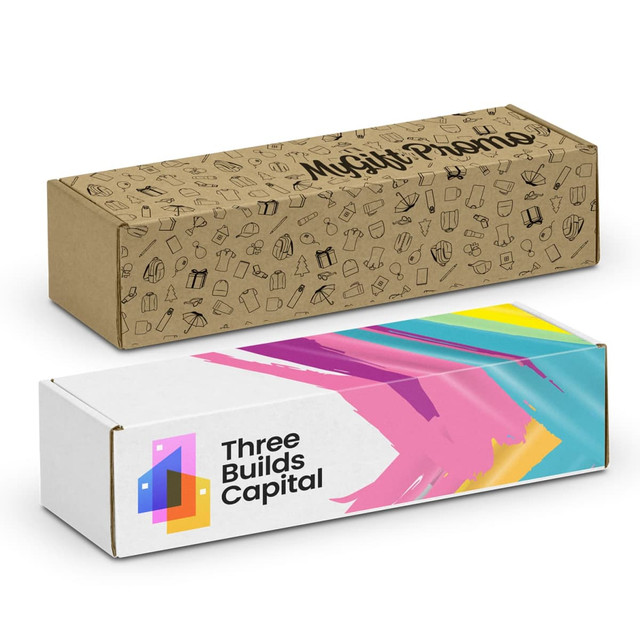 Two die cut boxes with locking lids; one brown with patterned graphics, the other white featuring vibrant design and branding. Two die cut boxes with locking lids; one brown with patterned graphics, the other white featuring vibrant design and branding.