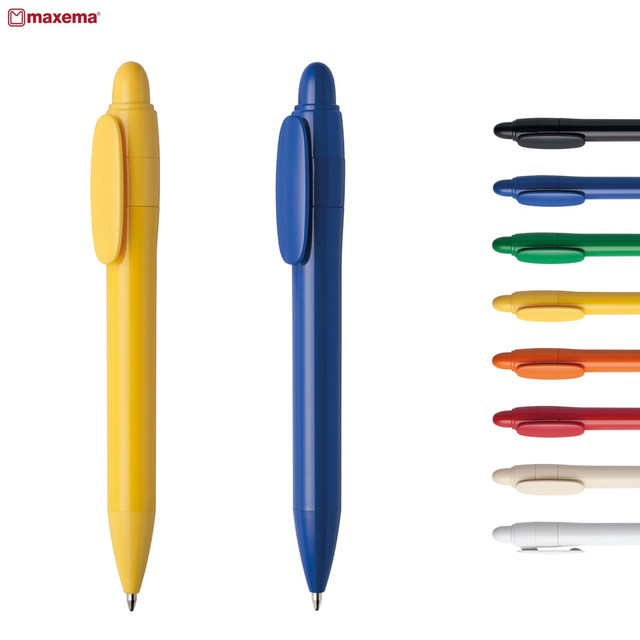 A collection of plastic pens in various colours, including yellow, blue, black, green, orange, red, and white. Branding present. A collection of plastic pens in various colours, including yellow, blue, black, green, orange, red, and white. Branding present.