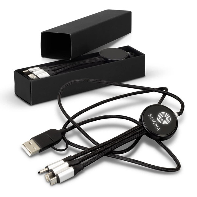A black braided charging cable with multiple connectors and a round branding disc, presented in a black rectangular box. A black braided charging cable with multiple connectors and a round branding disc, presented in a black rectangular box.
