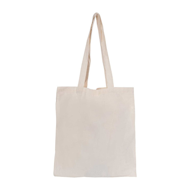 A light beige tote bag with long handles, featuring a simple design and no gusset. It has a logo on one side.