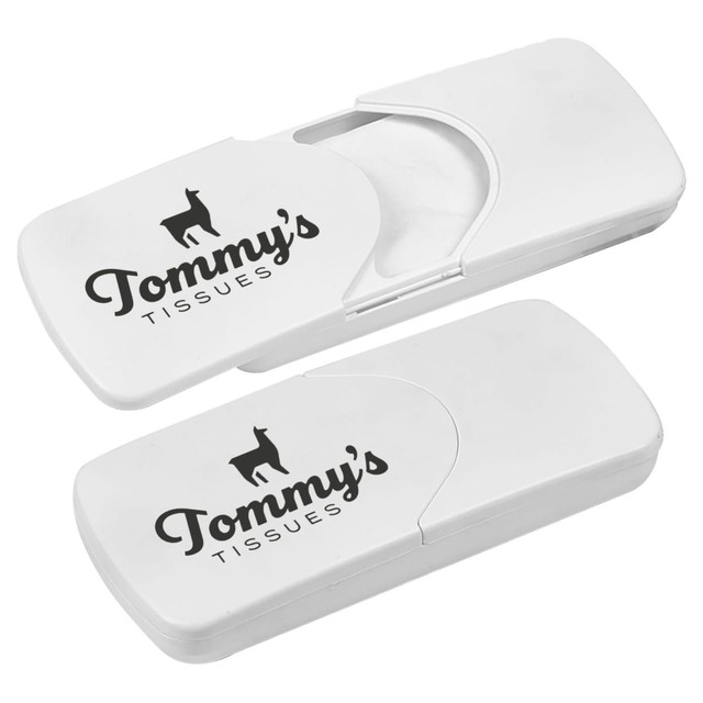 A white car sun visor tissue box with an opening for tissues and a logo on the front. A white car sun visor tissue box with an opening for tissues and a logo on the front.
