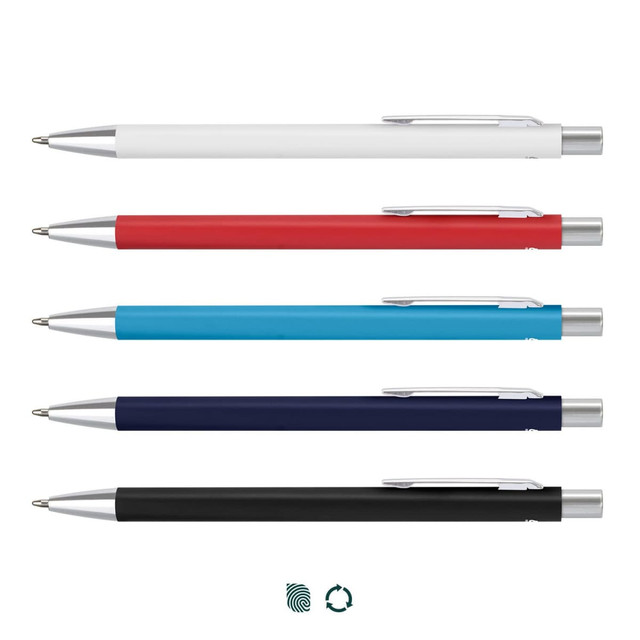 A set of five metal pens in white, red, blue, navy, and black, each featuring a silver clip and branding.