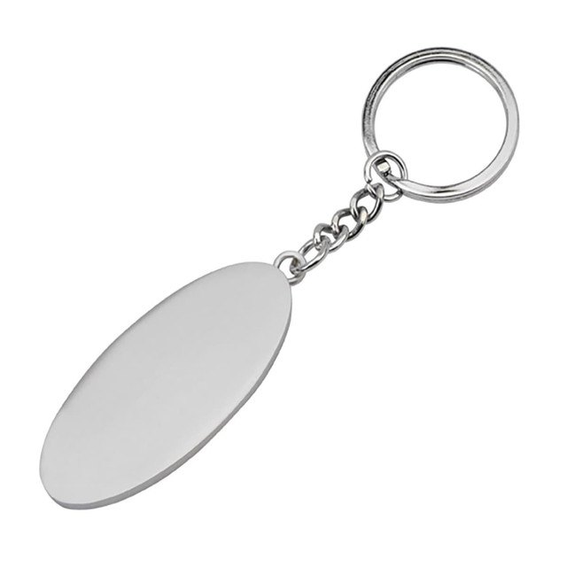 A silver oval-shaped key ring with a chain attachment, featuring a blank surface for engraving or customisation.
