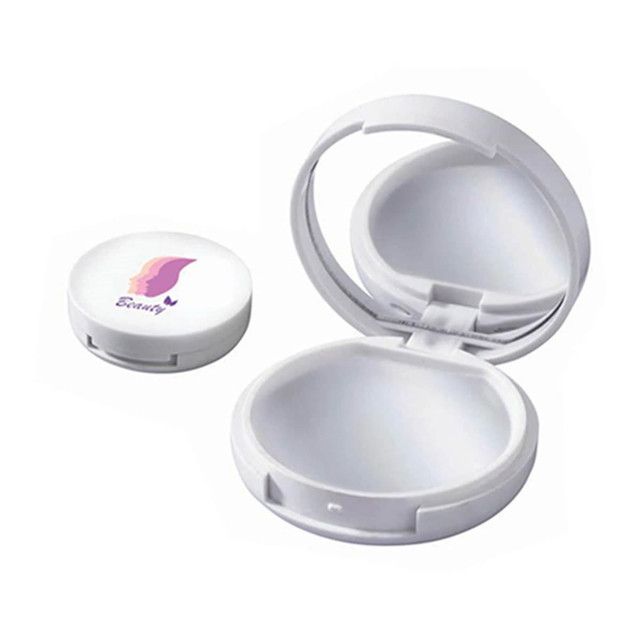 A white lip gloss container with a mirror, featuring a separate lid and a logo design.