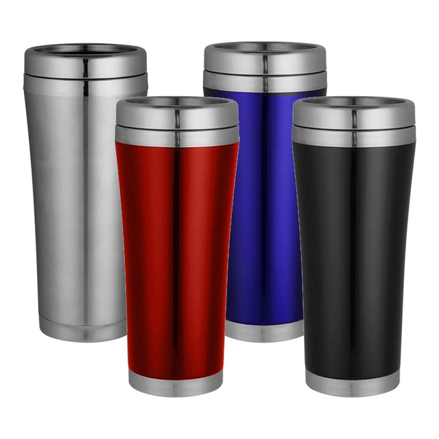 A drink mug set featuring four travel mugs in stainless steel, red, blue, and black, each with a silver band.