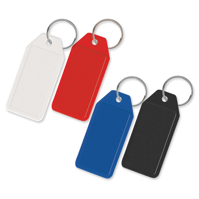 A set of four budget key rings in white, red, blue, and black, each with a metal keyring attachment. A set of four budget key rings in white, red, blue, and black, each with a metal keyring attachment.