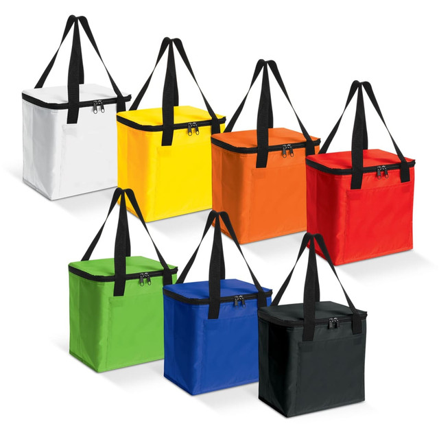 A collection of cooler bags in white, yellow, orange, red, green, blue, and black, all featuring zip closures and black handles. A collection of cooler bags in white, yellow, orange, red, green, blue, and black, all featuring zip closures and black handles.