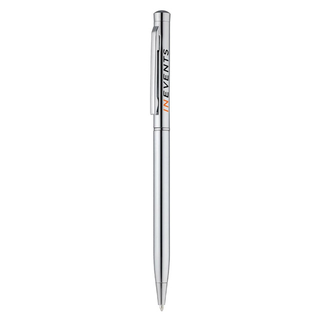 A metal pen with a sleek silver finish and a clip, featuring a logo on the barrel.
