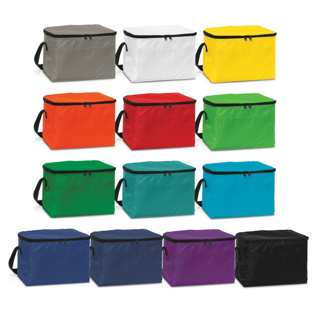 A collection of cooler bags in various colours including grey, white, yellow, orange, green, blue, black, and purple, with handles. A collection of cooler bags in various colours including grey, white, yellow, orange, green, blue, black, and purple, with handles.