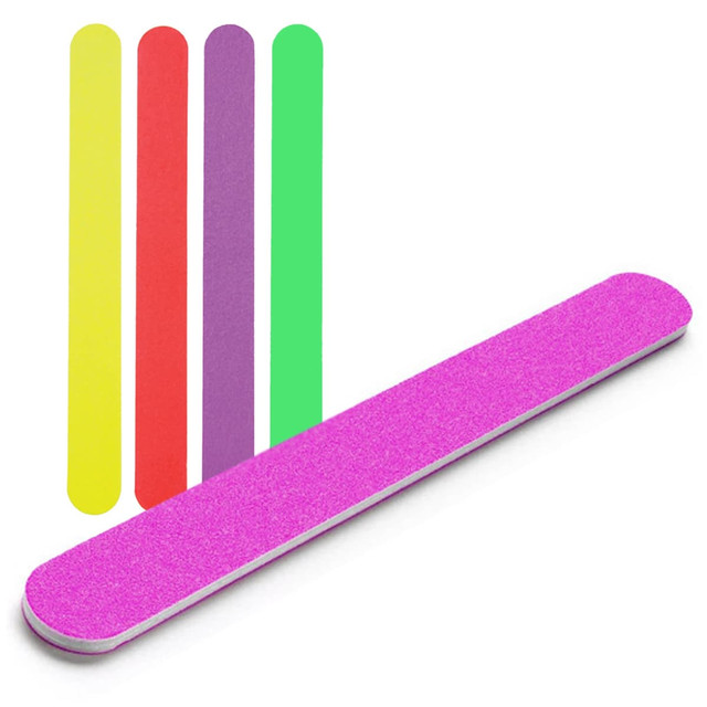A pink nail file is displayed alongside yellow, red, purple, and green files. The image features a logo.