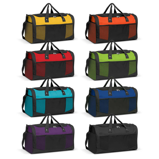A collection of duffle bags in yellow, red, green, blue, black, and purple with black accents and logos. A collection of duffle bags in yellow, red, green, blue, black, and purple with black accents and logos.