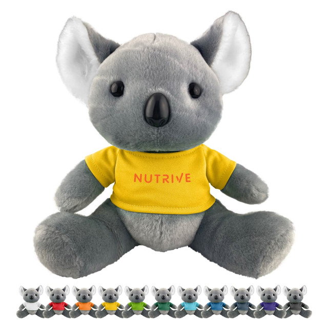A grey koala plush toy wearing a yellow shirt, featuring a logo on the shirt. Various smaller plush koalas in different colours are displayed below.
