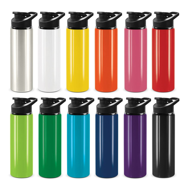 A drink bottle collection featuring various colours: silver, white, yellow, orange, pink, green, blue, purple, and black, with snap caps and logos.