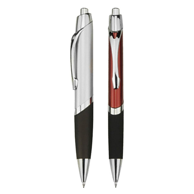 Two plastic pens are displayed, one in silver and black, and the other in red and black, both featuring chrome accents.