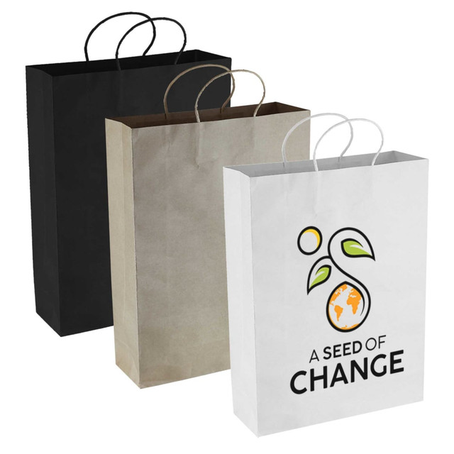 Three paper shopping bags in black, brown, and white, featuring a logo on the white bag.