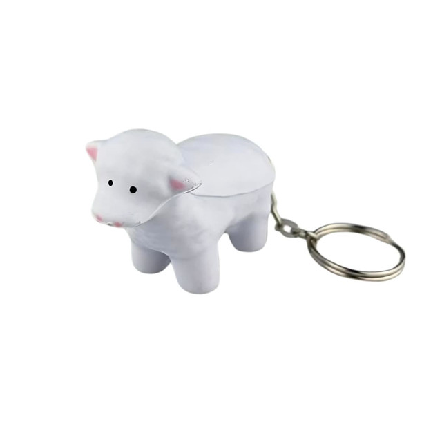 A white sheep-shaped key ring with a keychain attachment, designed as a stress relief toy.