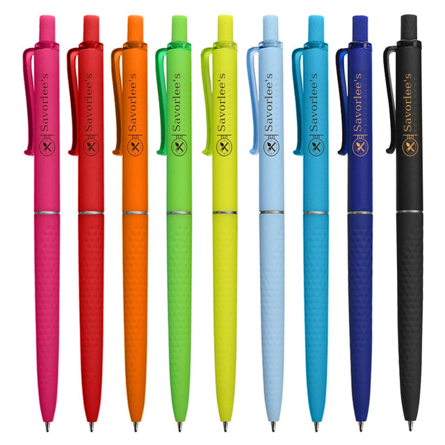 A selection of plastic pens in various colours: pink, orange, green, yellow, blue, and black, each with a clip and branding.
