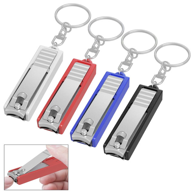 A set of four nail clippers on key rings in red, blue, black, and silver, featuring a sleek design and metal keychain.