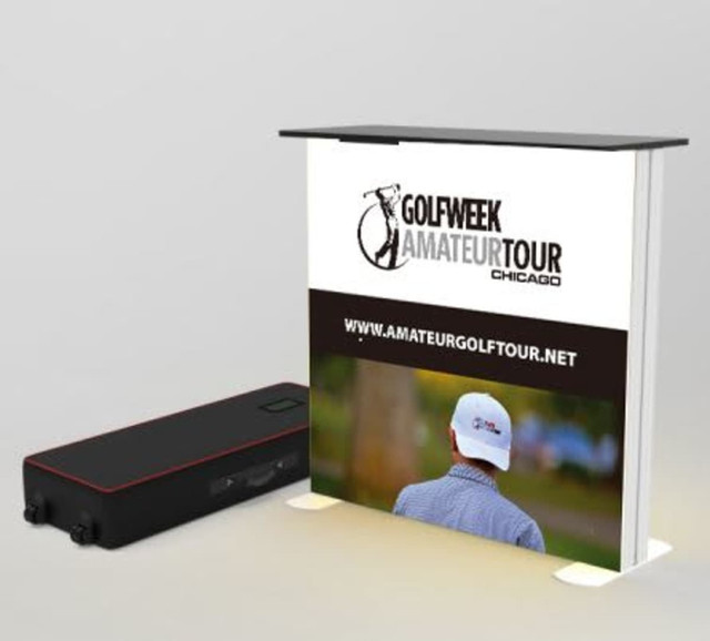 A light box table featuring a PVC frame, displaying a promotional logo and website, in black and white colours.