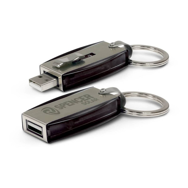 A silver and black key ring flash drive with a USB connector and a keychain attachment, featuring a logo. A silver and black key ring flash drive with a USB connector and a keychain attachment, featuring a logo.