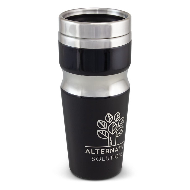 A drink bottle with a black and silver design, featuring a logo and a tapered shape.