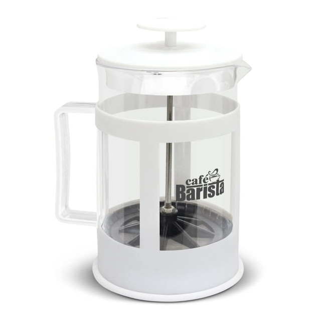A large coffee plunger in clear glass with a white handle and lid, featuring a branding logo on the side. A large coffee plunger in clear glass with a white handle and lid, featuring a branding logo on the side.