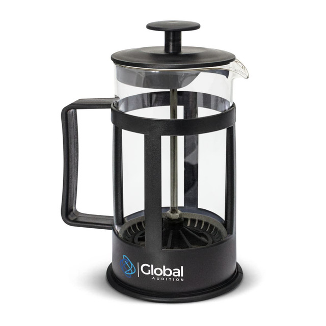 A small glass coffee plunger with a black handle and base, featuring a logo on the front. A small glass coffee plunger with a black handle and base, featuring a logo on the front.