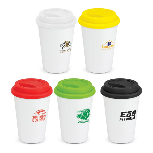 A set of double wall coffee cups in white with colourful lids: yellow, red, green, and black, featuring various logos. A set of double wall coffee cups in white with colourful lids: yellow, red, green, and black, featuring various logos.
