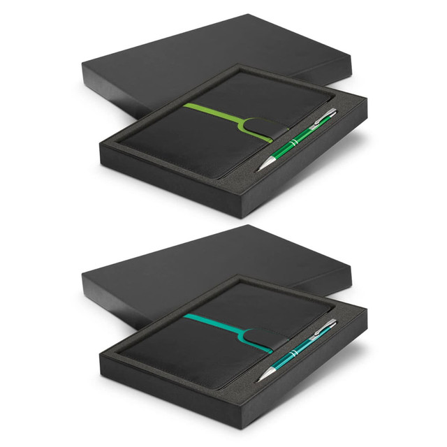 A gift set featuring a black notebook with a green accent and a matching pen, presented in a sleek black box. A gift set featuring a black notebook with a green accent and a matching pen, presented in a sleek black box.