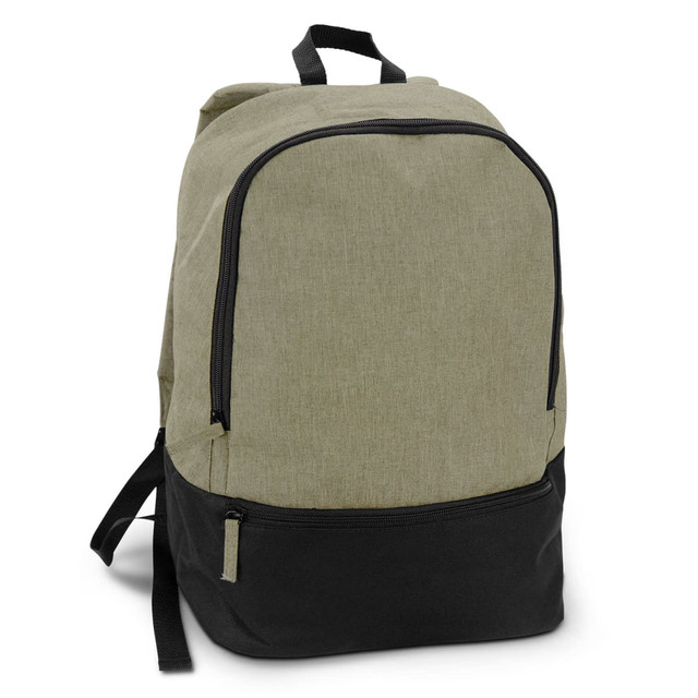 A green and black backpack with a large front pocket and logo, featuring adjustable straps and a sturdy design.