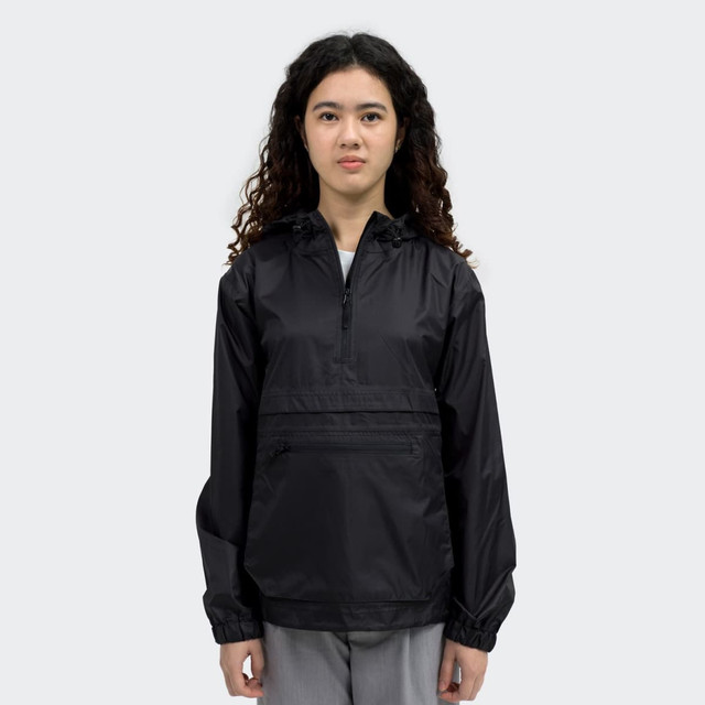 A black women's windbreaker jacket featuring a hood and a front pocket, with a logo on the chest.