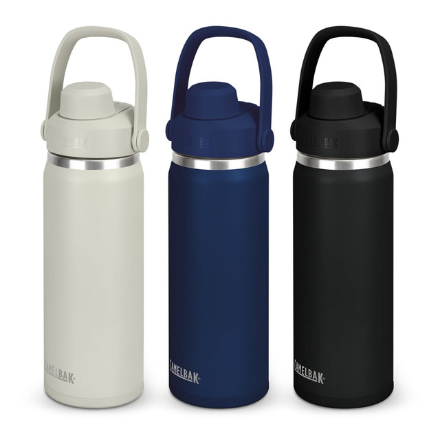 A drink bottle featuring a stainless-steel design, available in cream, navy blue, and black. Each bottle has a handle. A drink bottle featuring a stainless-steel design, available in cream, navy blue, and black. Each bottle has a handle.