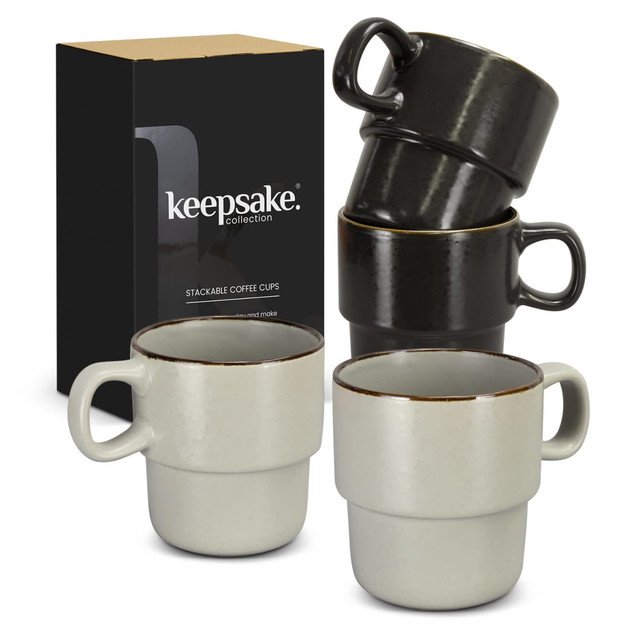 A set of two stackable coffee cups in grey and black, packaged in a box with a logo. A set of two stackable coffee cups in grey and black, packaged in a box with a logo.