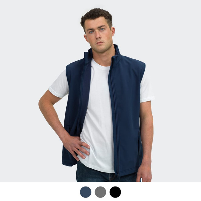 A navy blue men's vest with a zip-up front and a logo, styled over a white t-shirt.